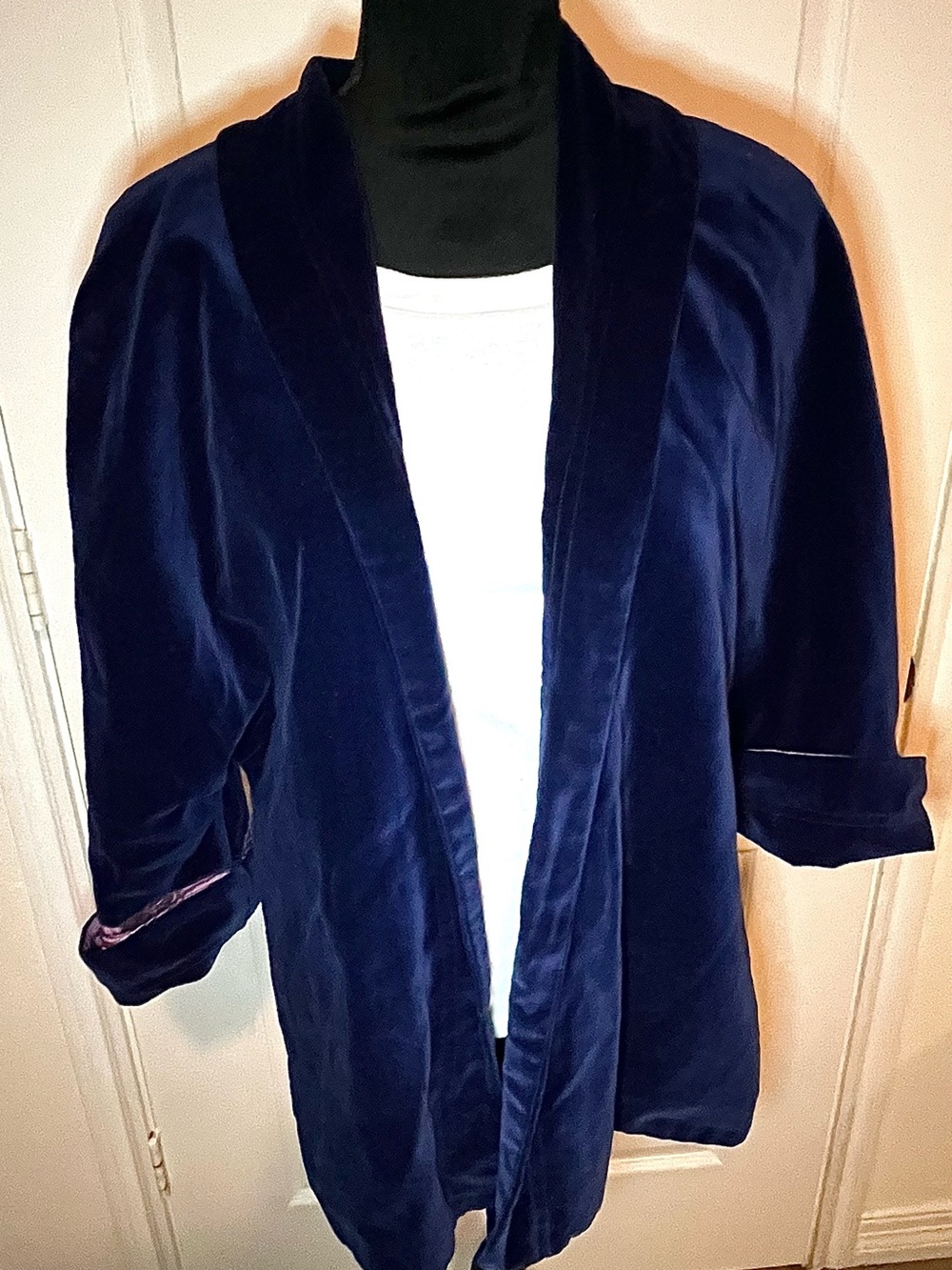Women's Navy blue velvet open-front shawl jacket